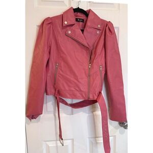 Moritt Pink Faux‎ Leather Moto Jacket Puff Sleeve Belted Stylish